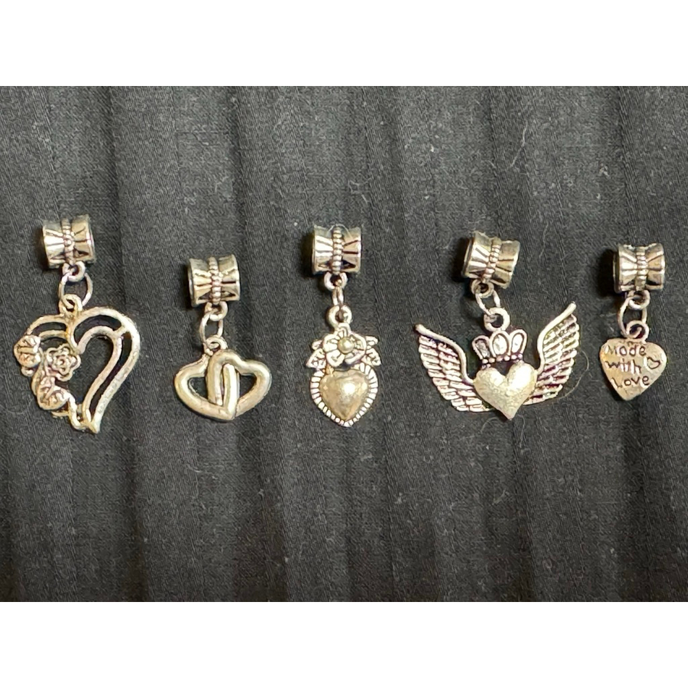 Set of 5 Silver Heart themed Charms Bracelet Hearts & winged Heart
